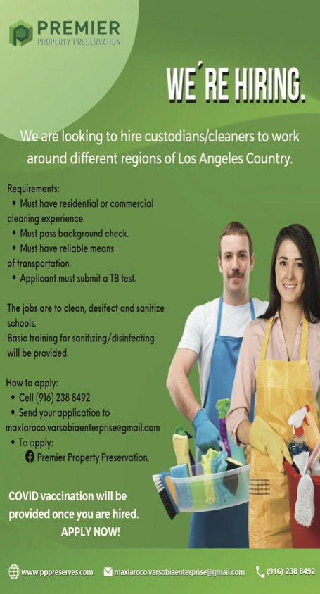 Looking to hire custodians/cleaners to work around different regions of Los Angeles County